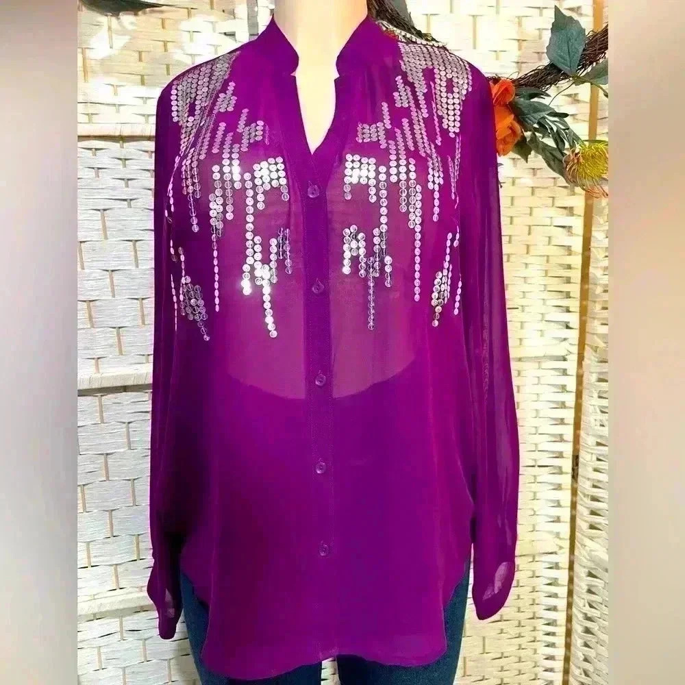 Sofia Vergare Women's Large Sequin Sheer Button Blouse